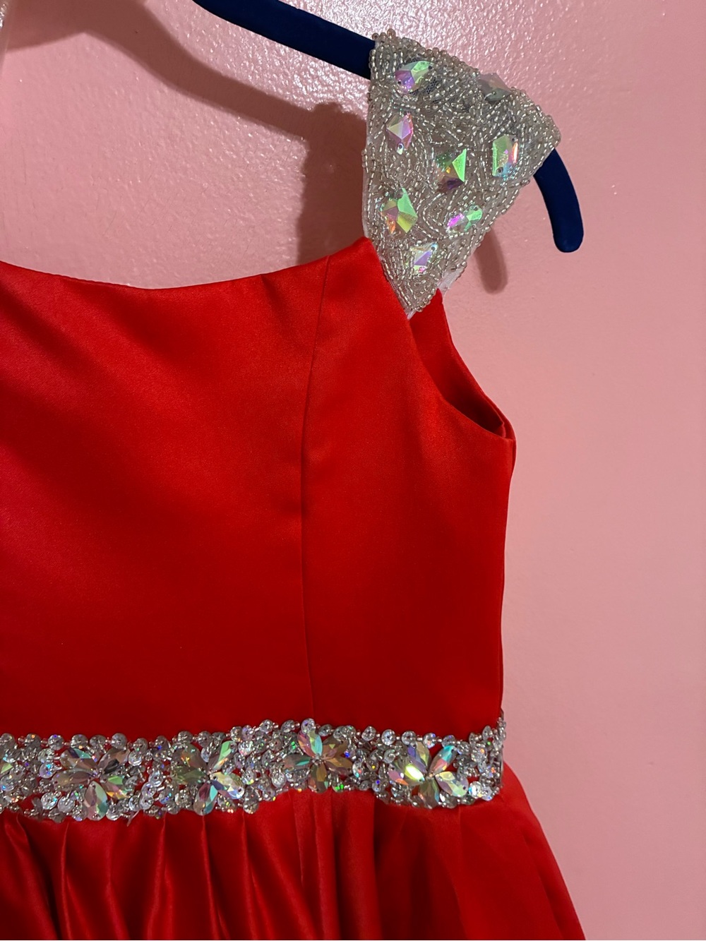 Red Satin Girls' Formal Gown with Embellished Belt and Cap Sleeves - Picture 7 of 7